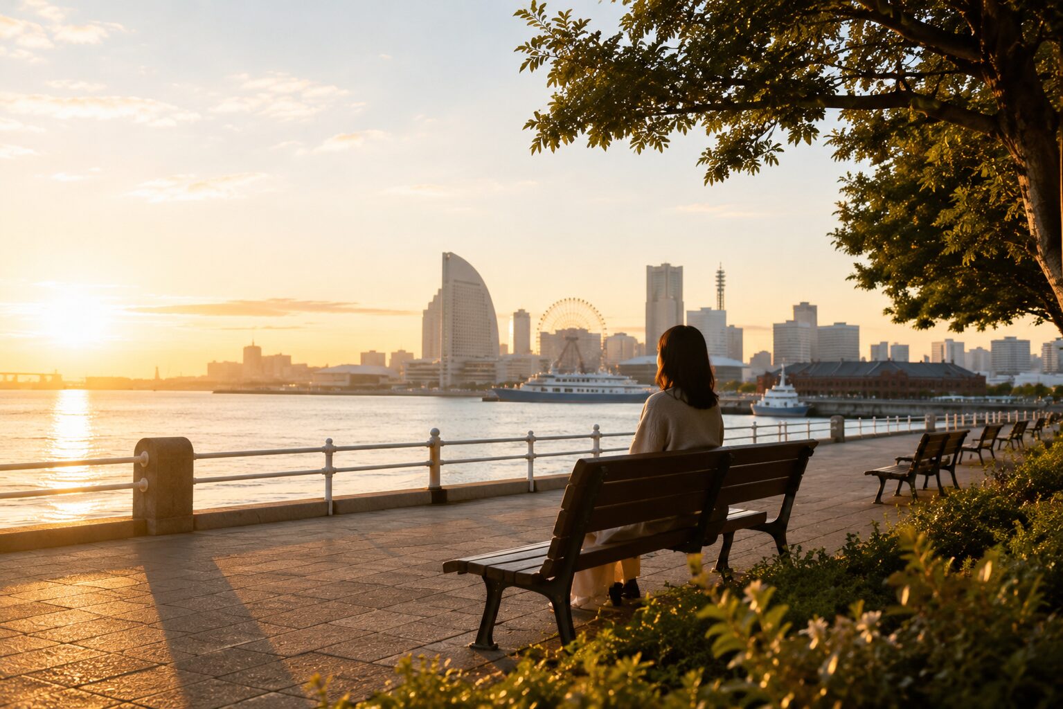 横浜の海辺で朝日を眺めながら静かな時間を過ごす女性の後ろ姿。